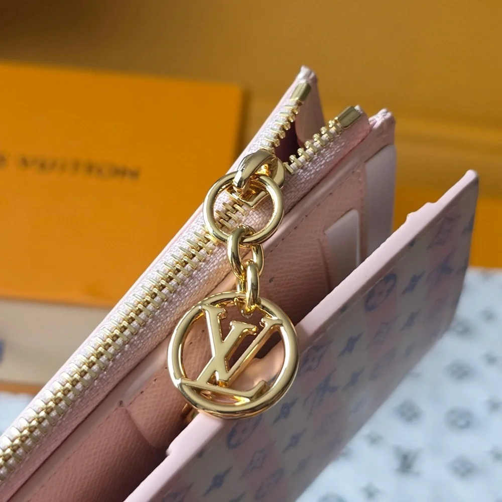 Louis Vuitton Pink and Pastel Blue Monogram Zip Card Pouch with Gold LV Charm